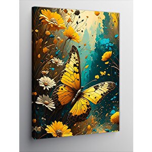 Kanvas Tablo Renkli Çiçekler Ve Sarı Kelebek 100x140 cm