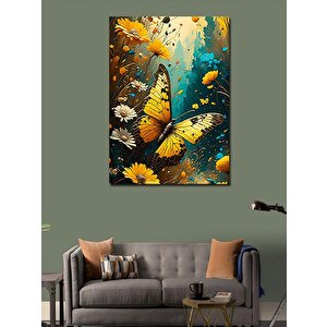 Kanvas Tablo Renkli Çiçekler Ve Sarı Kelebek 100x140 cm
