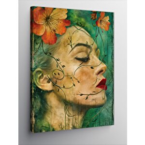 Kanvas Tablo Çiçekler Ve Kırmızı Rujlu Kadın 70x100 cm