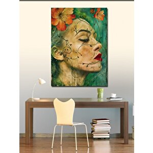 Kanvas Tablo Çiçekler Ve Kırmızı Rujlu Kadın 70x100 cm