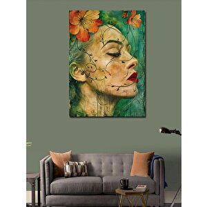 Kanvas Tablo Çiçekler Ve Kırmızı Rujlu Kadın 70x100 cm