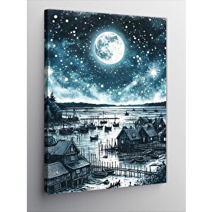 Kanvas Tablo Dolunay Ve Balıkçı Kasabası 70x100 cm
