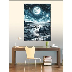 Kanvas Tablo Dolunay Ve Balıkçı Kasabası 70x100 cm