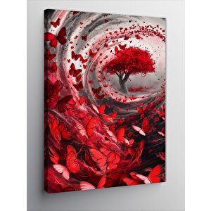 Kanvas Tablo Kırmızı Ağaç Ve Kırmızı Kelebekler 100x140 cm