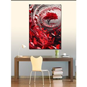 Kanvas Tablo Kırmızı Ağaç Ve Kırmızı Kelebekler 100x140 cm