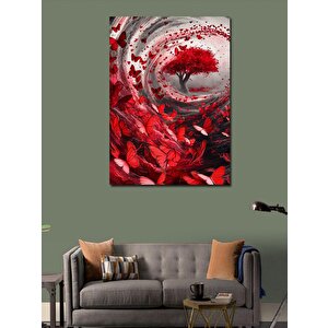 Kanvas Tablo Kırmızı Ağaç Ve Kırmızı Kelebekler 100x140 cm