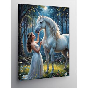 Kanvas Tablo Tek Boynuzlu At Ve Kadın 70x100 cm