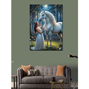 Kanvas Tablo Tek Boynuzlu At Ve Kadın 70x100 cm