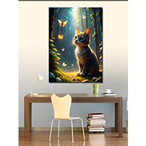 Kanvas Tablo Renkli Kelebekler Ve Kedi 70x100 cm