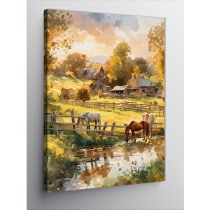 Kanvas Tablo Köy Evi Ve Atlar 100x140 cm