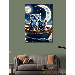 Kanvas Tablo Baykuş Ve Kedi Sandalda 100x140 cm