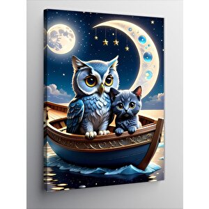 Kanvas Tablo Baykuş Ve Kedi Sandalda