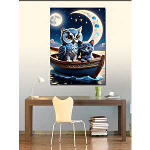 Kanvas Tablo Baykuş Ve Kedi Sandalda