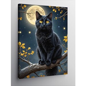 Kanvas Tablo Siyah Kedi Ve Dolunay