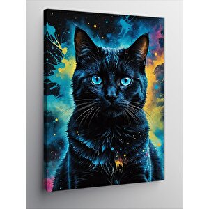 Kanvas Tablo Siyah Kedi Renkli Fon 100x140 cm
