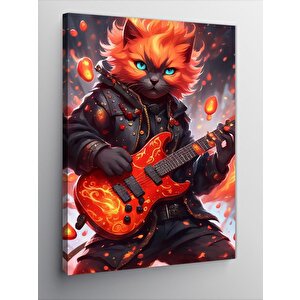 Kanvas Tablo Kırmızı Gitar Çalan Kedi