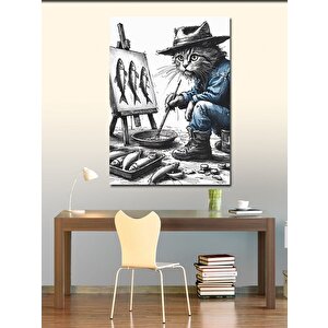 Kanvas Tablo Balık Resmi Çizen Kedi 100x140 cm