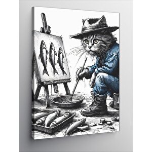 Kanvas Tablo Balık Resmi Çizen Kedi