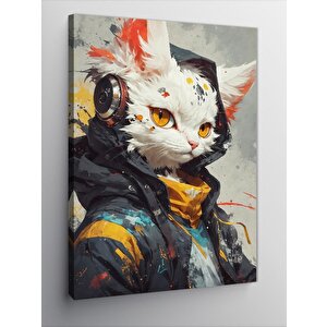 Kanvas Tablo Müzik Dinleyen Beyaz Kedi 100x140 cm