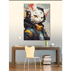 Kanvas Tablo Müzik Dinleyen Beyaz Kedi 100x140 cm