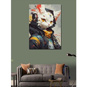 Kanvas Tablo Müzik Dinleyen Beyaz Kedi 100x140 cm
