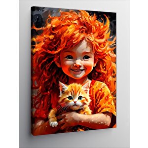 Kanvas Tablo Sarı Kedi Ve Kızıl Saçlı Kız 70x100 cm