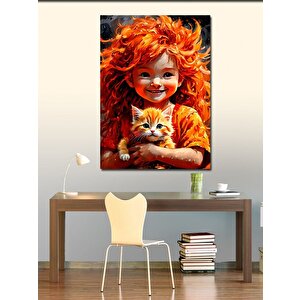 Kanvas Tablo Sarı Kedi Ve Kızıl Saçlı Kız 70x100 cm