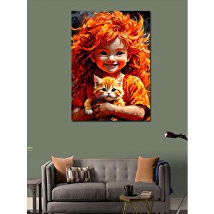 Kanvas Tablo Sarı Kedi Ve Kızıl Saçlı Kız 70x100 cm