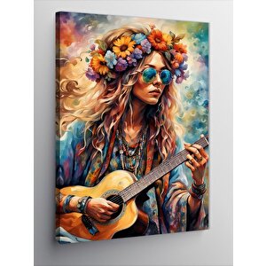 Kanvas Tablo Akustik Gitar Çalan Kadın