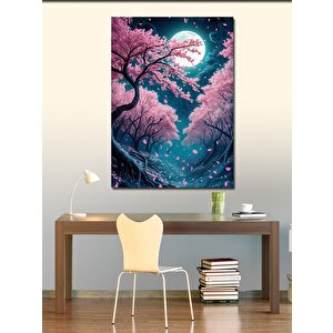 Kanvas Tablo Pembe Ağaç Ve Dolunay 100x140 cm