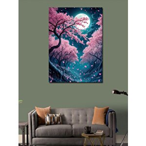 Kanvas Tablo Pembe Ağaç Ve Dolunay 100x140 cm