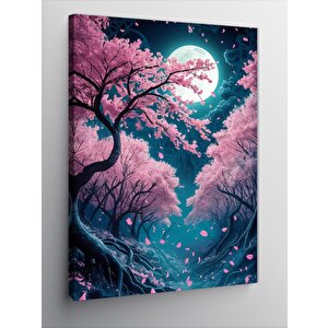 Kanvas Tablo Pembe Ağaç Ve Dolunay