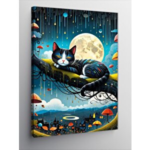 Kanvas Tablo Dolunay Ve Sevimli Kedi