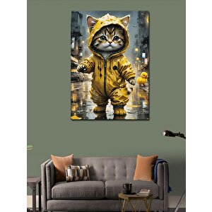 Kanvas Tablo Yağmurluk Giymiş Yavru Kedi 70x100 cm