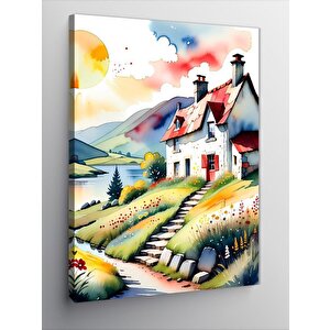 Kanvas Tablo Retro Göl Kenarındaki Ev
