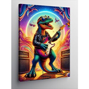 Kanvas Tablo Elektro Gitar Çalan Dinozor