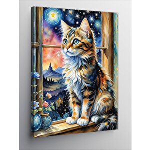 Kanvas Tablo Pencere Kenarındaki Kedi Ve Manzara 70x100 cm