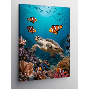 Kanvas Tablo Su Kaplumbağası Ve Balıklar 70x100 cm