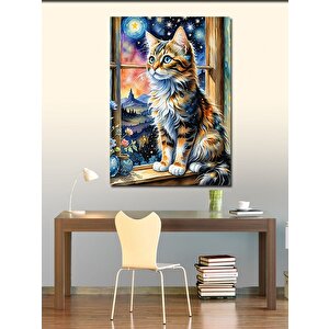 Kanvas Tablo Pencere Kenarındaki Kedi Ve Manzara