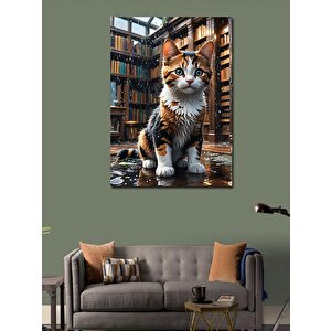 Kanvas Tablo Kütüphane Ve Kedi