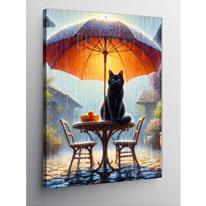 Kanvas Tablo Şemsiyenin Altındaki Siyah Kedi