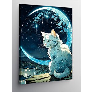 Kanvas Tablo Beyaz Kedi Ve Ay 70x100 cm