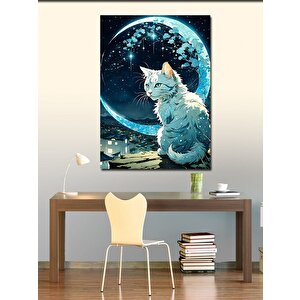 Kanvas Tablo Beyaz Kedi Ve Ay 70x100 cm