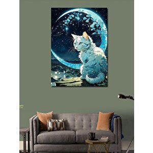 Kanvas Tablo Beyaz Kedi Ve Ay 70x100 cm