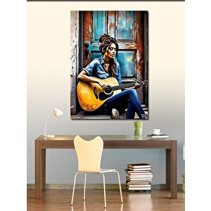 Kanvas Tablo Akustik Gitar Çalan Kız