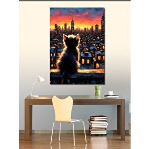 Kanvas Tablo Sevimli Kedi Ve Şehir Manzarası 100x140 cm