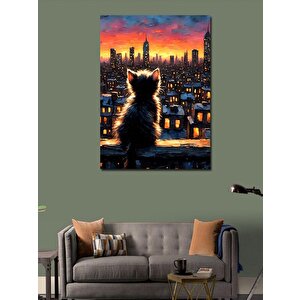 Kanvas Tablo Sevimli Kedi Ve Şehir Manzarası 100x140 cm