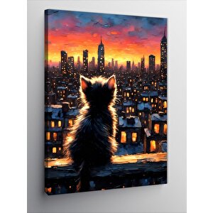 Kanvas Tablo Sevimli Kedi Ve Şehir Manzarası 70x100 cm