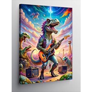 Kanvas Tablo Elektro Gitar Çalan Dinozor