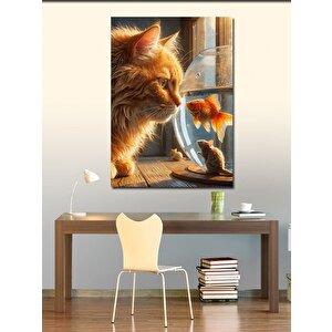 Kanvas Tablo Akvaryumdaki Balığa Bakan Kedi 70x100 cm